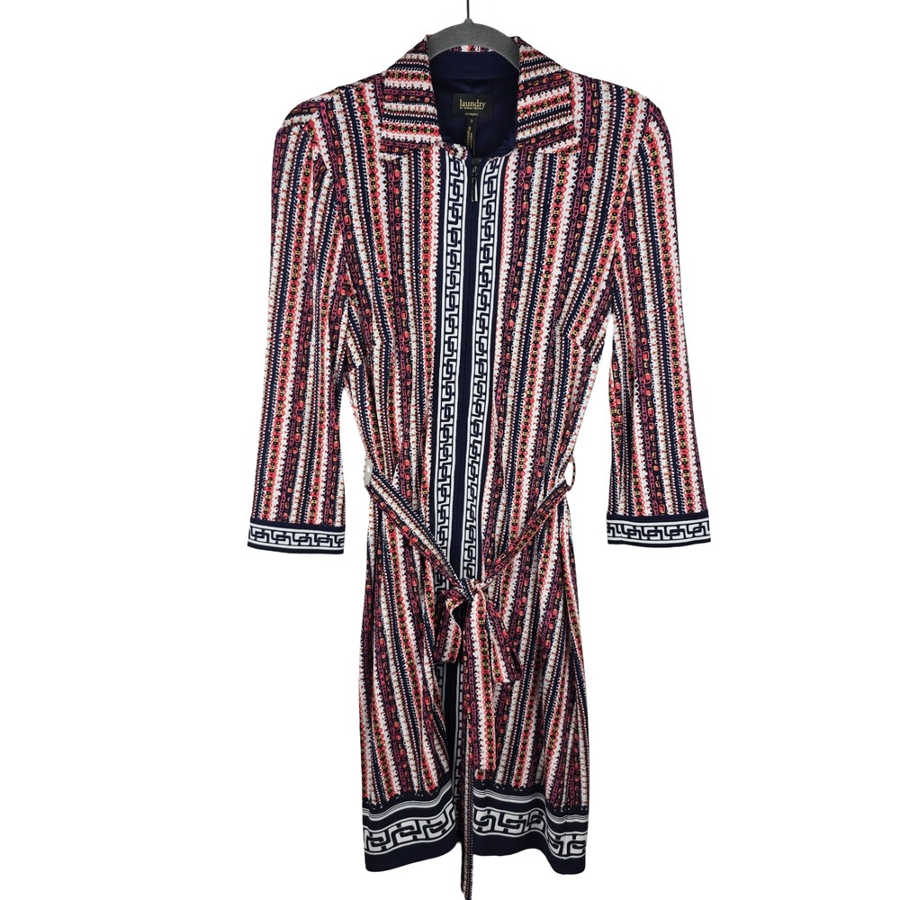 Laundry Shelli Segal Dress Womens 2 Navy Red Greek Key Wrap Zip Front Excellent